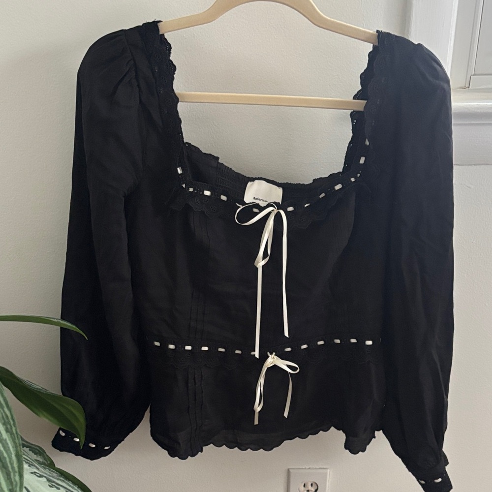 Reformation Black Blouse with Lace and Tie Details